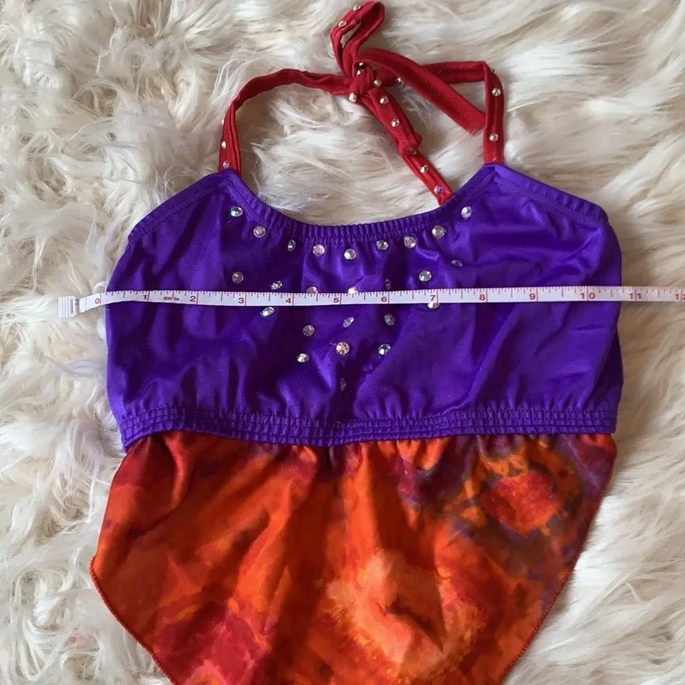 Custom dance costume with Swarovski crystals. Orange, Red and Purple Two Piece